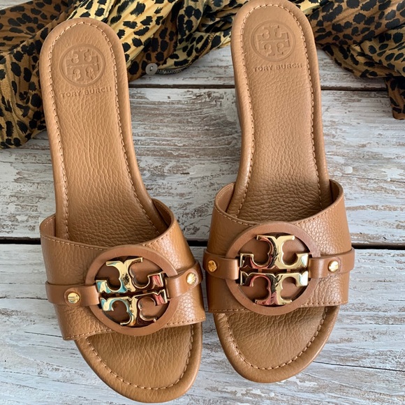 Tory Burch Shoes - Tory Burch Selma Logo Pebbled Leather Slide Wedge